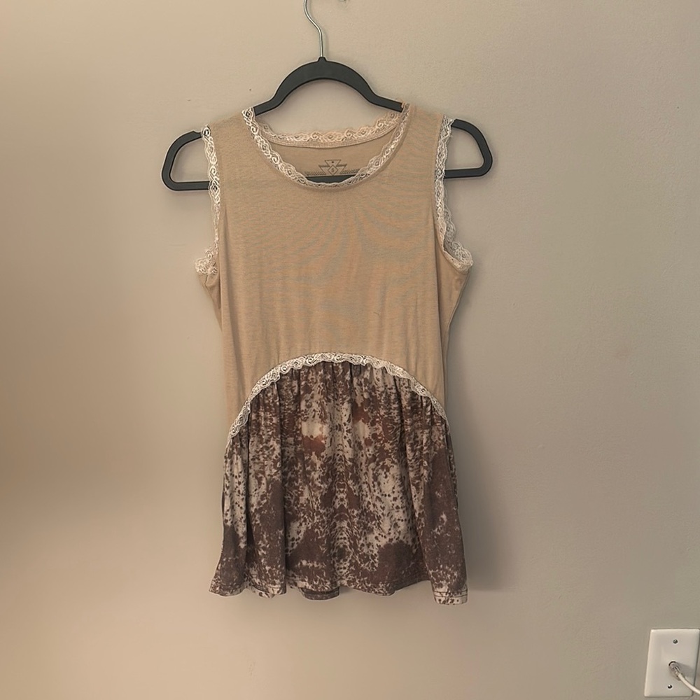 Crazy Train Beige Tank Top with Lace Trim